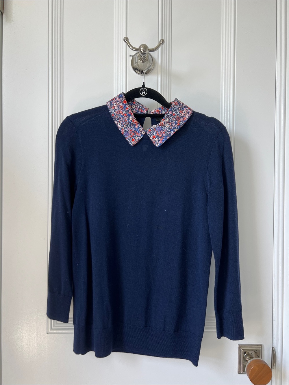J. Crew Navy Crewneck Sweater with Floral Collar
